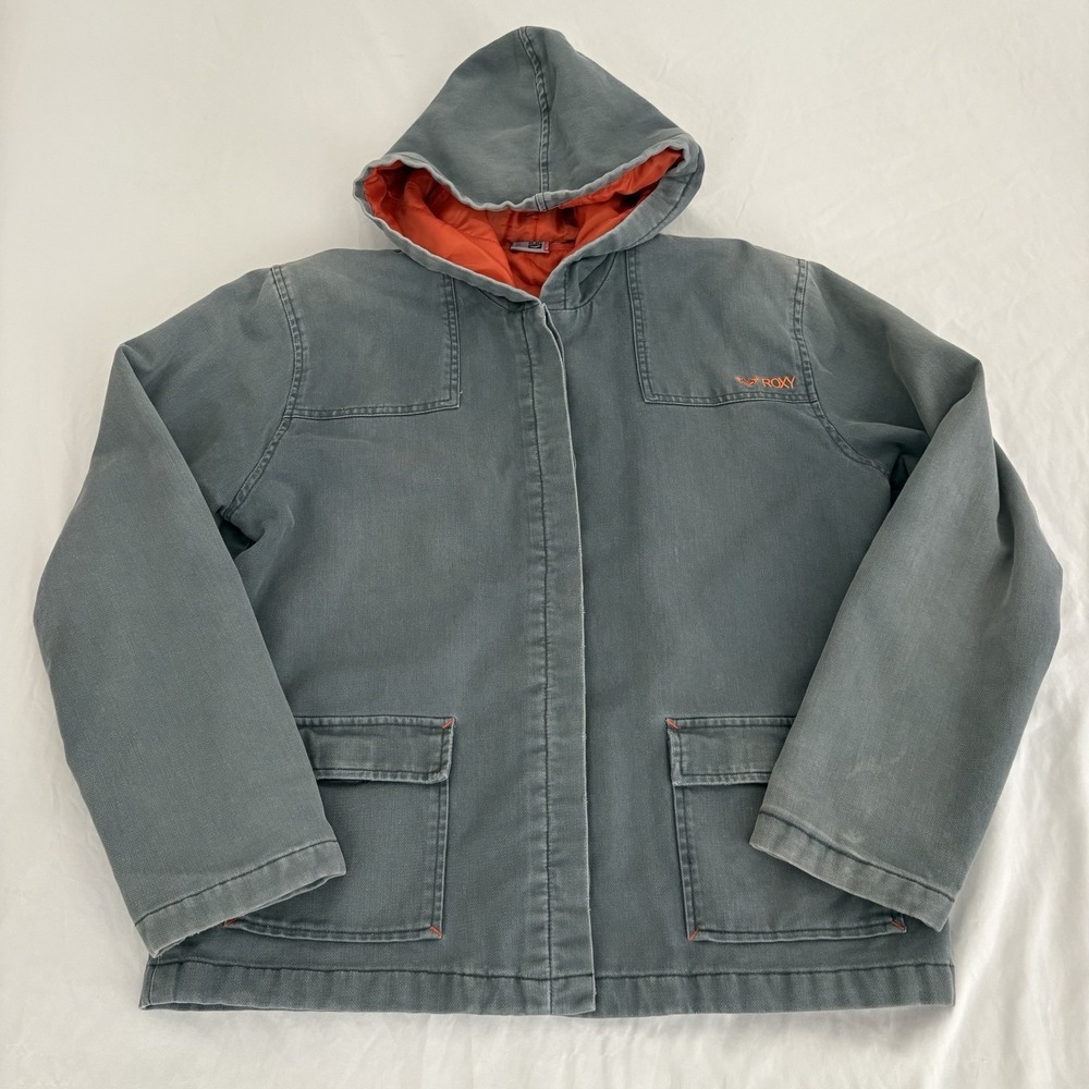 Roxy Hooded Utility Jacket in Slate Green with Orange Lining